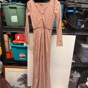Adrianna Papell Rose Blush Beaded Long Sleeve Evening Gown